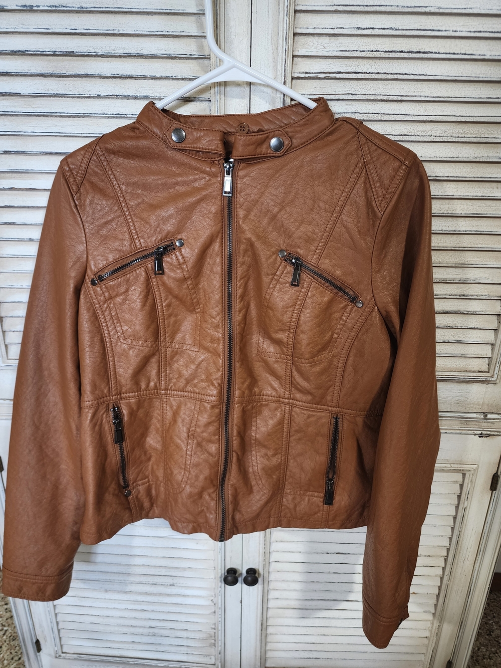 Tan Hooded Faux Leather Jacket - Stylish Zip Front Coat - Picture 4 of 9